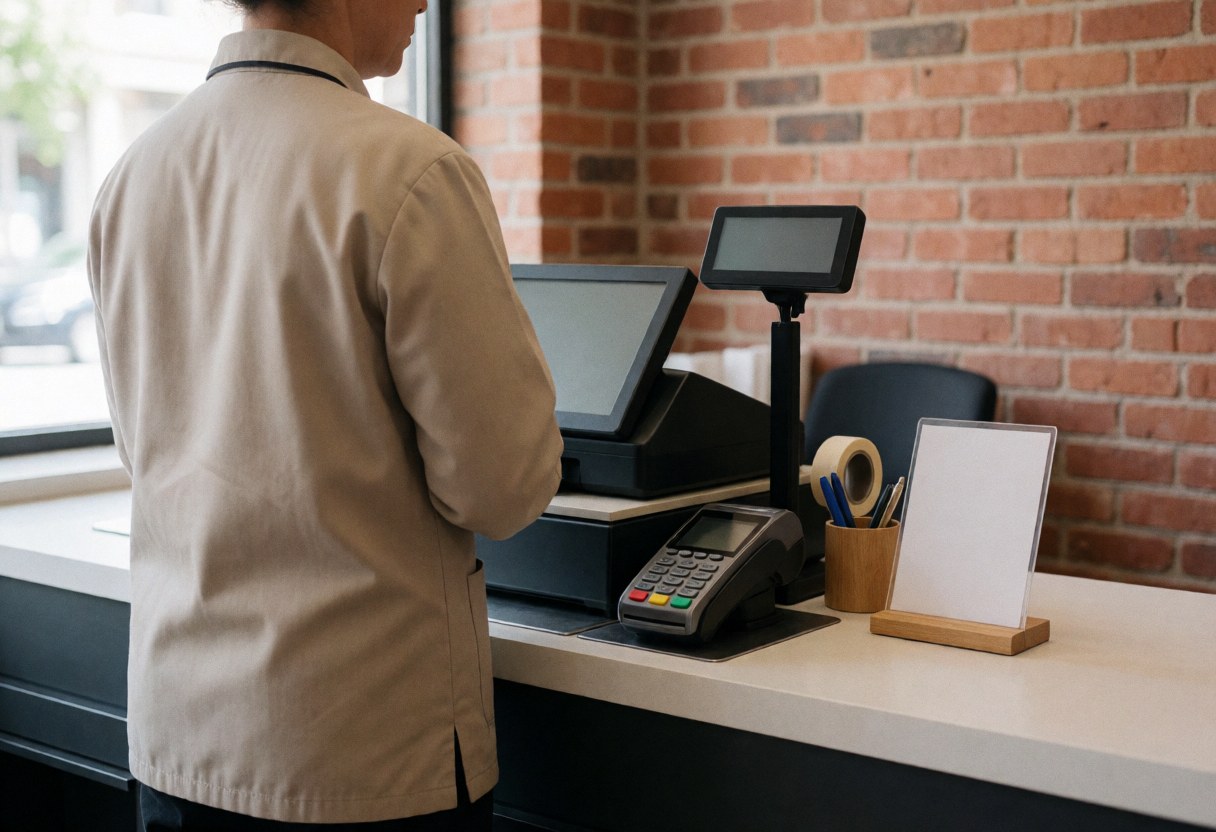 Back view of a stationery store employee standing near a cash register and payment terminal against a red brick wall.