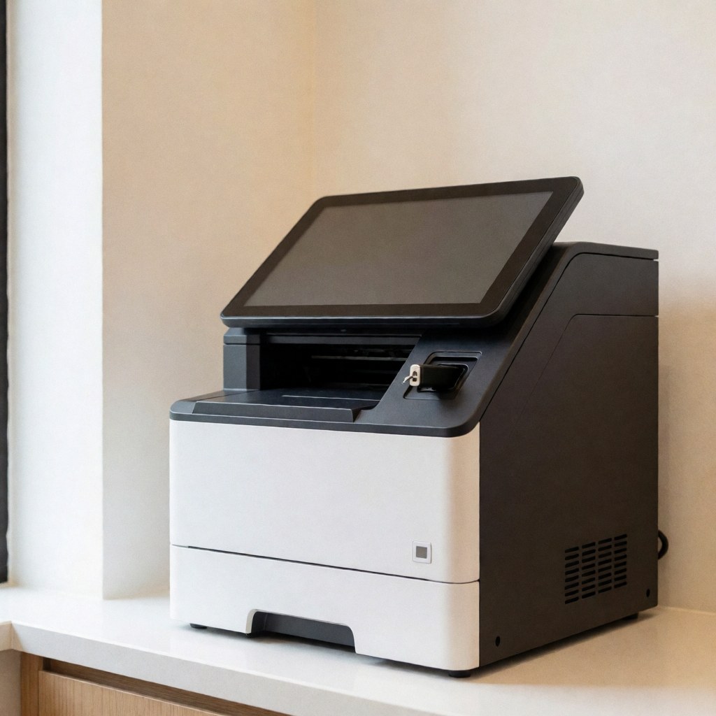 Clean modern printing station with touch screen, ideal for stationery shops in a professional setting with natural light and warm walls.