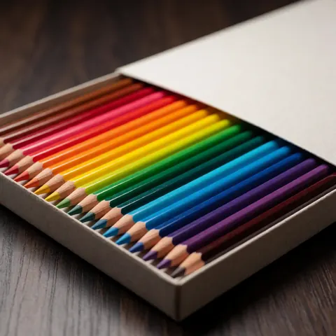 Open wooden box containing 48 rainbow-colored pencils arranged in a spectrum on a dark wood surface with soft lighting and a blurred background