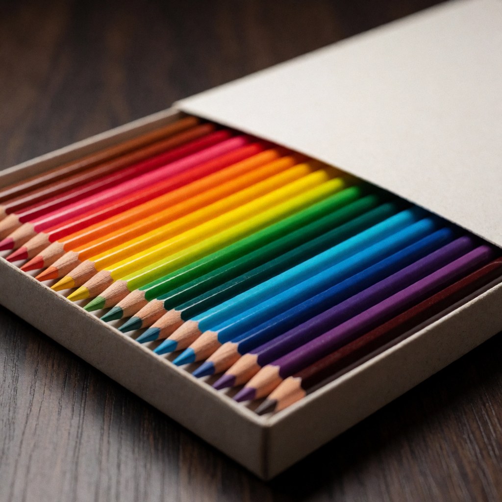 Open wooden box containing 48 rainbow-colored pencils arranged in a spectrum on a dark wood surface with soft lighting and a blurred background