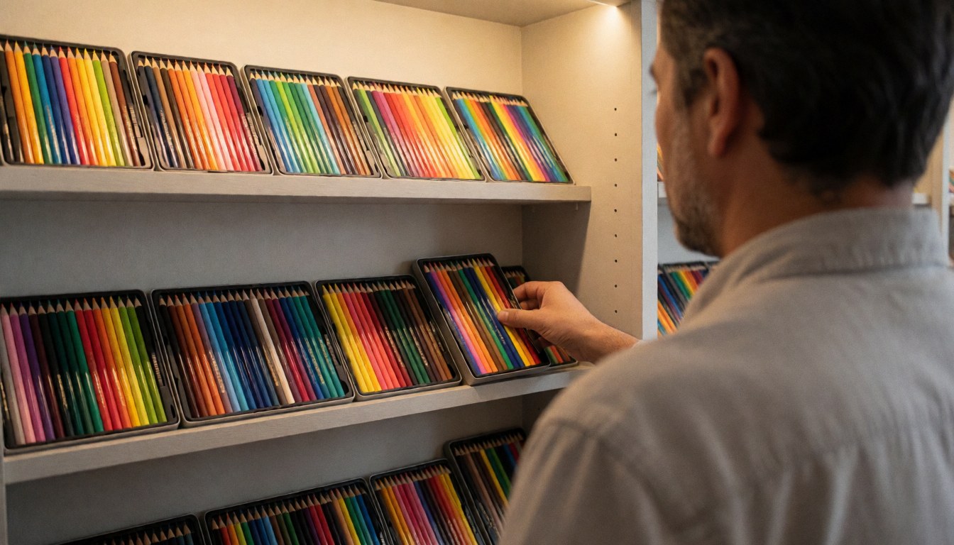 A man selects colored pencil boxes on a well-lit shelf with light gray wall and copy space on the right