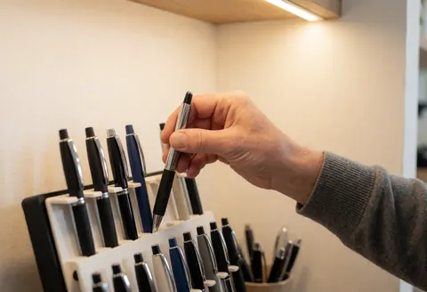 Close-up of an adult hand selecting a metal and rubber pen from a holder on a wooden counter in a stationery shop with warm lighting.