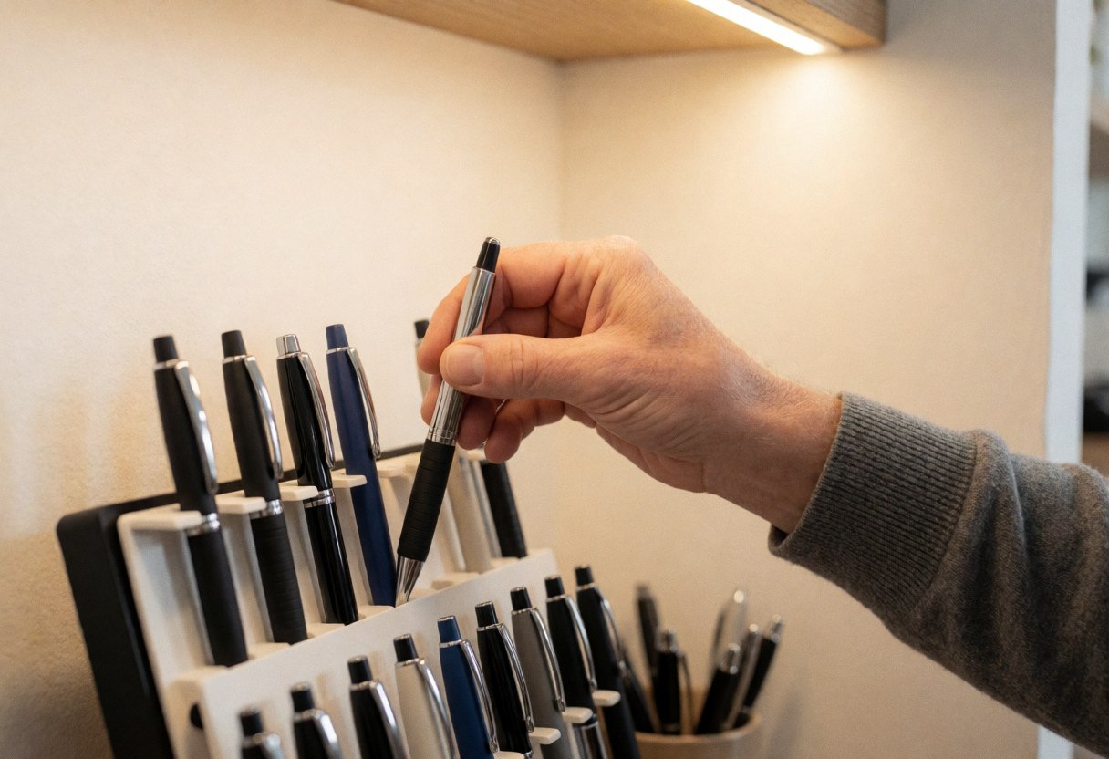 Close-up of an adult hand selecting a metal and rubber pen from a holder on a wooden counter in a stationery shop with warm lighting.