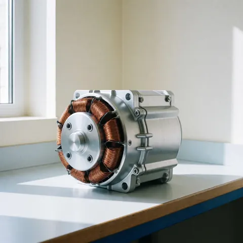 Close-up of an elevator motor featuring copper coils and an aluminum housing, displayed on a white surface with natural lighting.