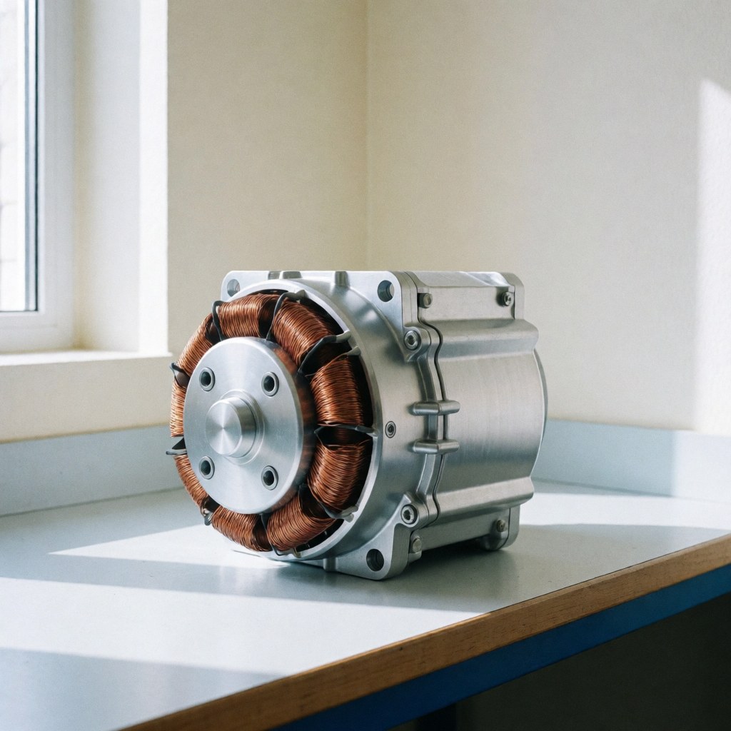 Close-up of an elevator motor featuring copper coils and an aluminum housing, displayed on a white surface with natural lighting.