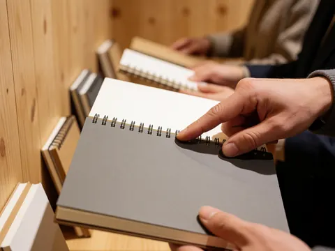 Close-up of an adult hand touching the gray spiral binding of a notebook in a stationery store with a wooden background.