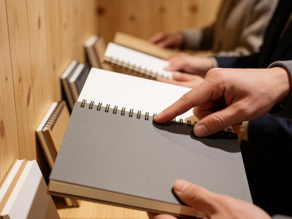 Close-up of an adult hand touching the gray spiral binding of a notebook in a stationery store with a wooden background.
