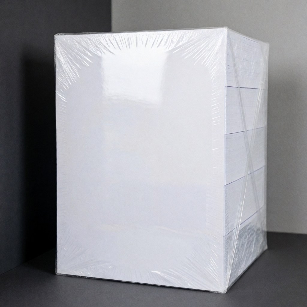 A stack of white A4 paper wrapped in clear plastic on a gray background, ideal for office or school stationery products.