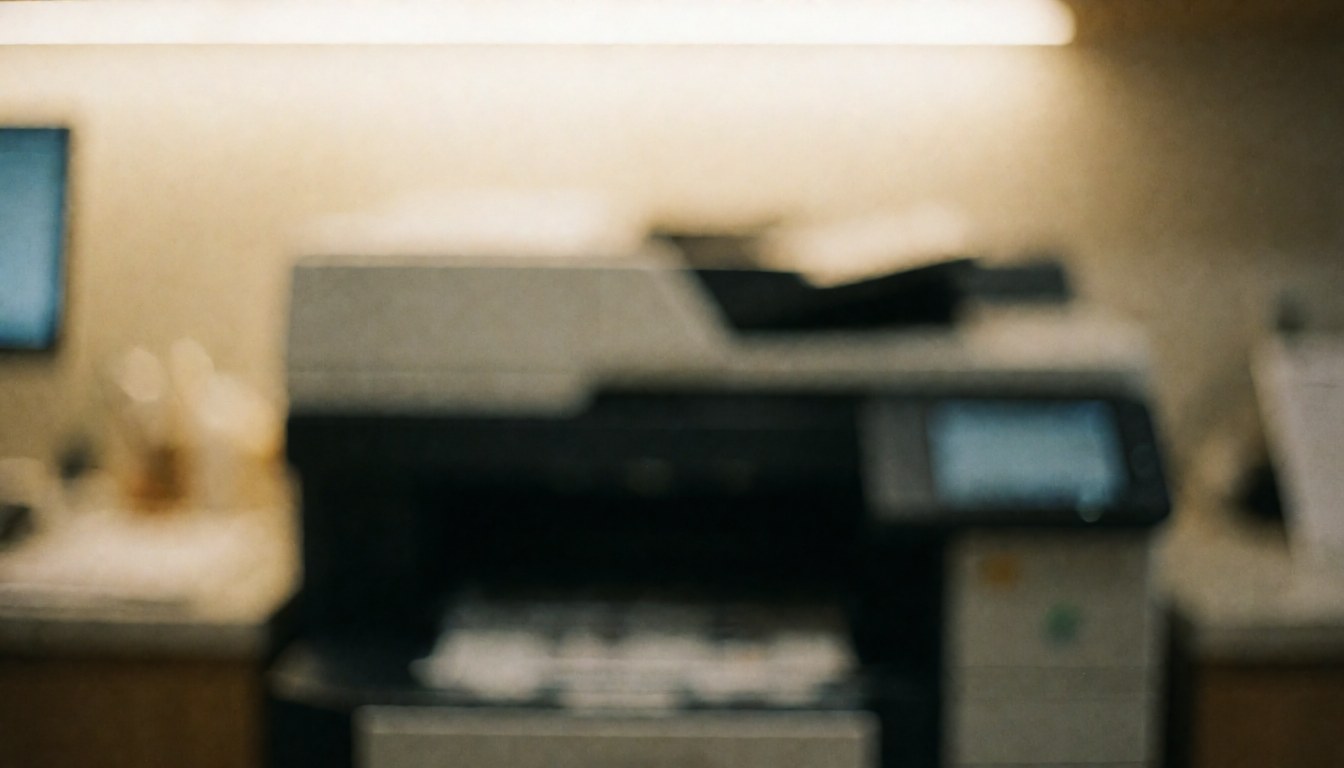 Out of focus office printer with warm lighting, creating a clean and professional backdrop suitable for text overlay.