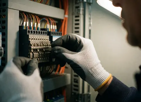 Close-up of a gloved hand adjusting a terminal in an electrical panel with visible wires and metal contacts against a gray wall.