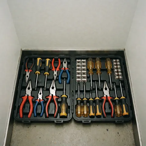 Metal tool box containing pliers and screwdrivers placed inside an elevator with white walls and concrete floor