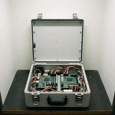Open metal enclosure displaying organized electronic circuits and wiring, illustrating precision technology used in elevator repair and technical maintenance work.