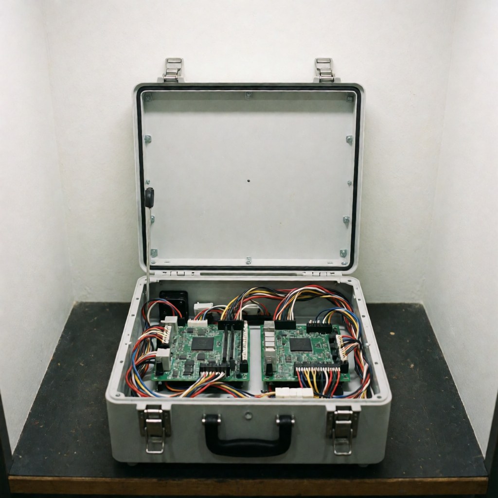 Open metal enclosure displaying organized electronic circuits and wiring, illustrating precision technology used in elevator repair and technical maintenance work.