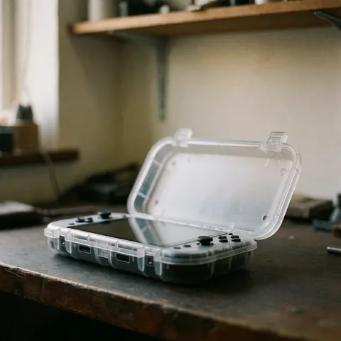 Open video game console inside a transparent protective case resting on a dark wooden work table with soft natural light and a blurred shelf background.