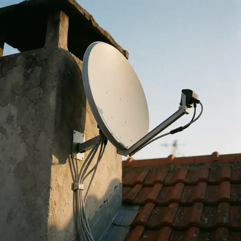 White satellite antenna installed on a stone chimney with cables running down the wall under a red tile roof at sunset