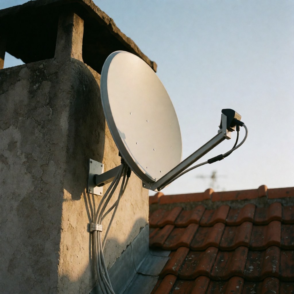 White satellite antenna installed on a stone chimney with cables running down the wall under a red tile roof at sunset