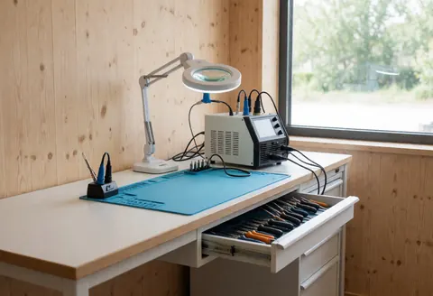Clean technician desk with repair tools, magnifying lamp, and anti-static mat near a window with natural light