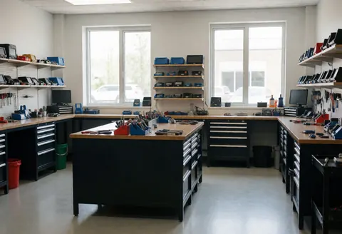 Clean tv repair workspace featuring work tables, tool shelves, and electronic components illuminated by natural light from windows.