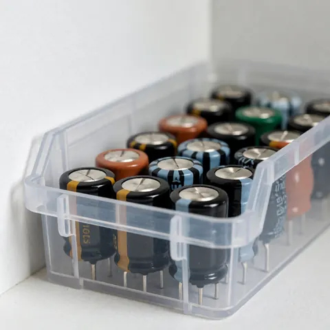 Clear plastic container holding colorful electronic capacitors for tv repair technicians on a white background with soft professional lighting