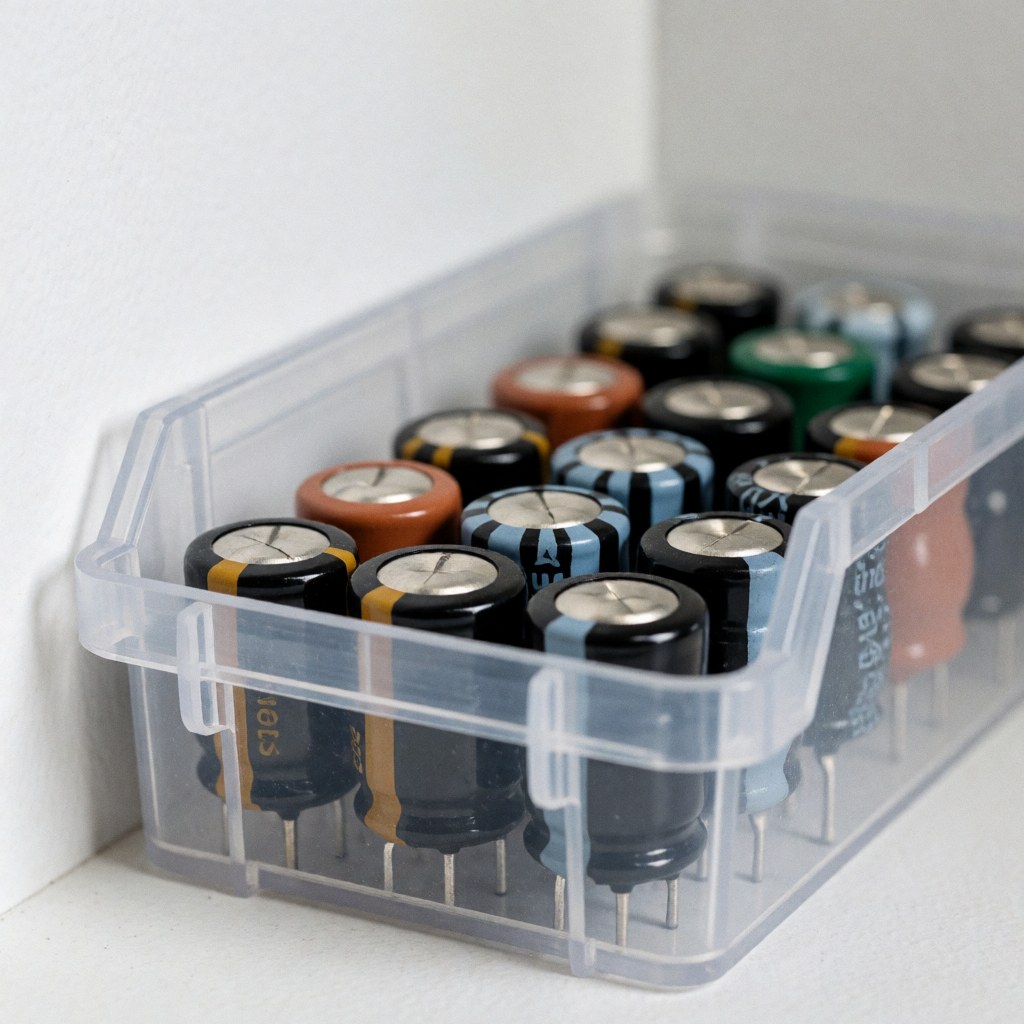 Clear plastic container holding colorful electronic capacitors for tv repair technicians on a white background with soft professional lighting