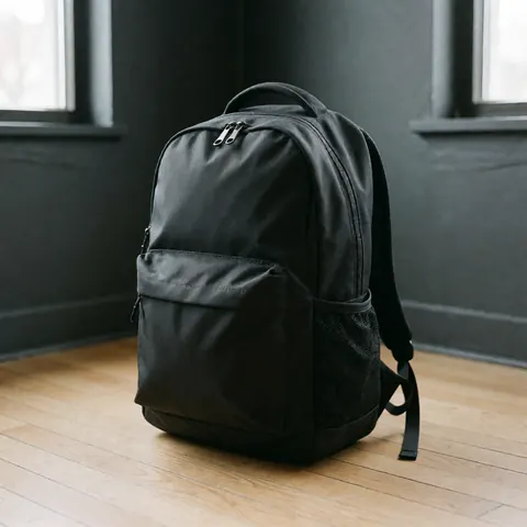 Black durable fabric backpack with front pocket and bottle holder on light wood floor against gray walls with natural window light