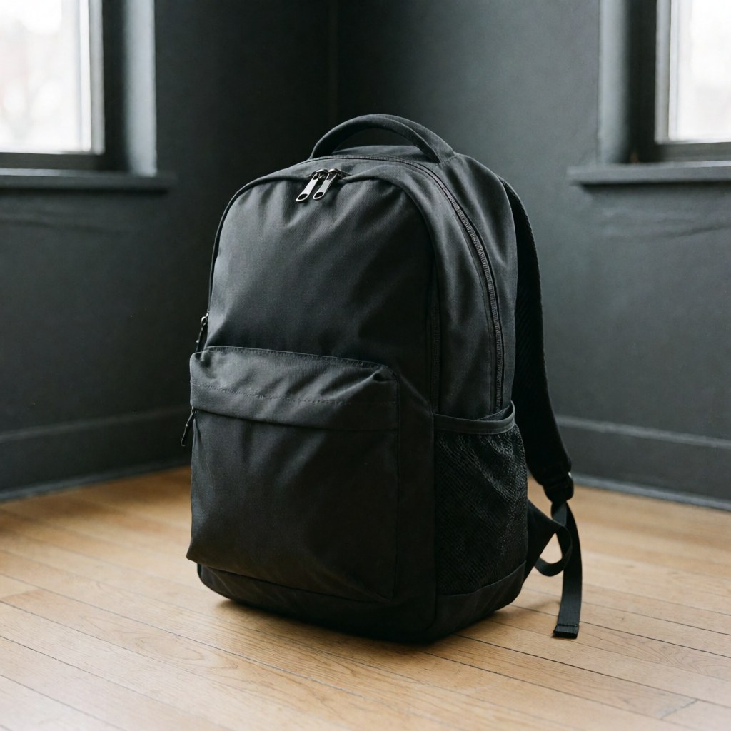 Black durable fabric backpack with front pocket and bottle holder on light wood floor against gray walls with natural window light