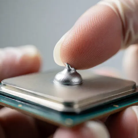 Macro shot of a gloved finger applying silver thermal paste to a computer processor heat sink against a neutral background with clinical lighting