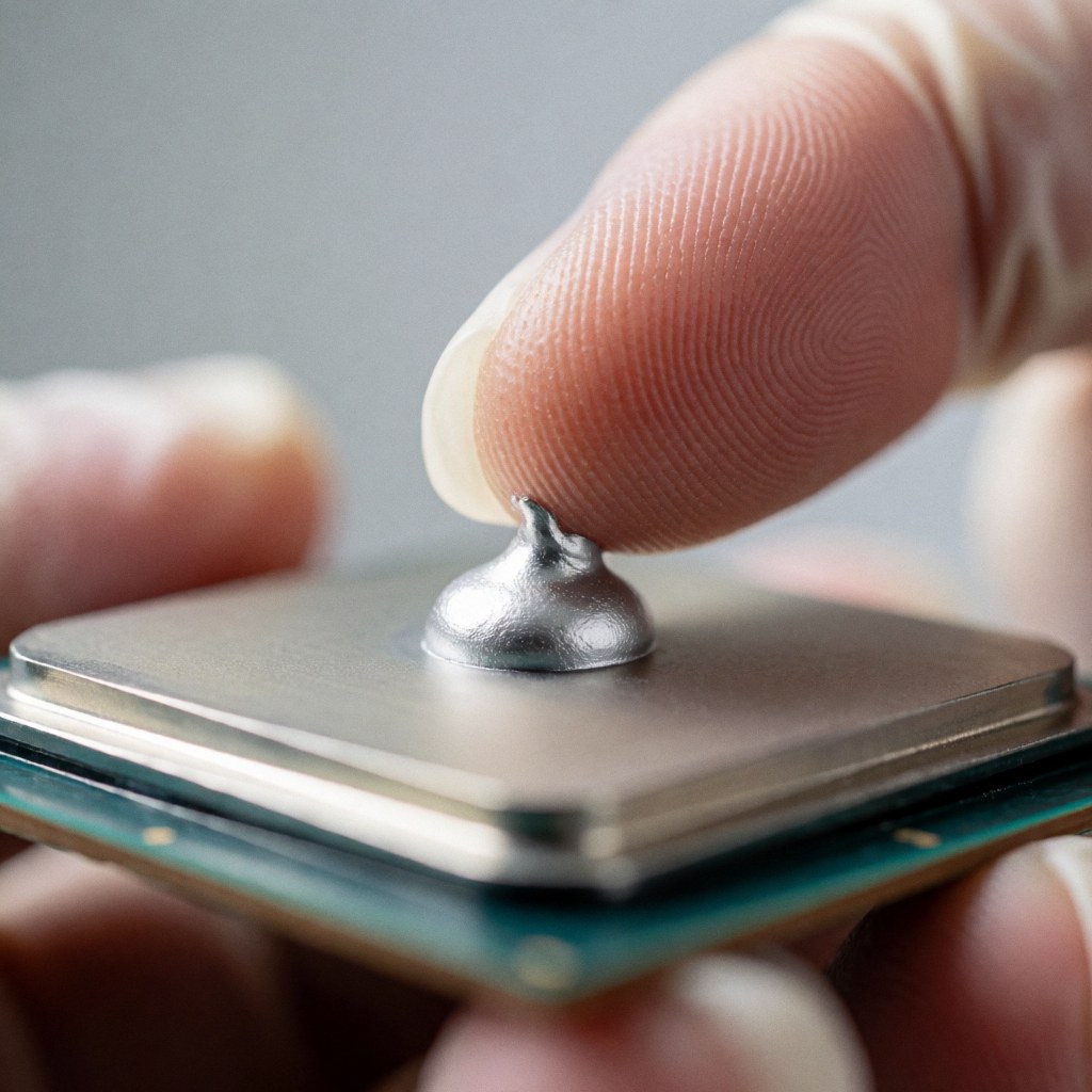 Macro shot of a gloved finger applying silver thermal paste to a computer processor heat sink against a neutral background with clinical lighting