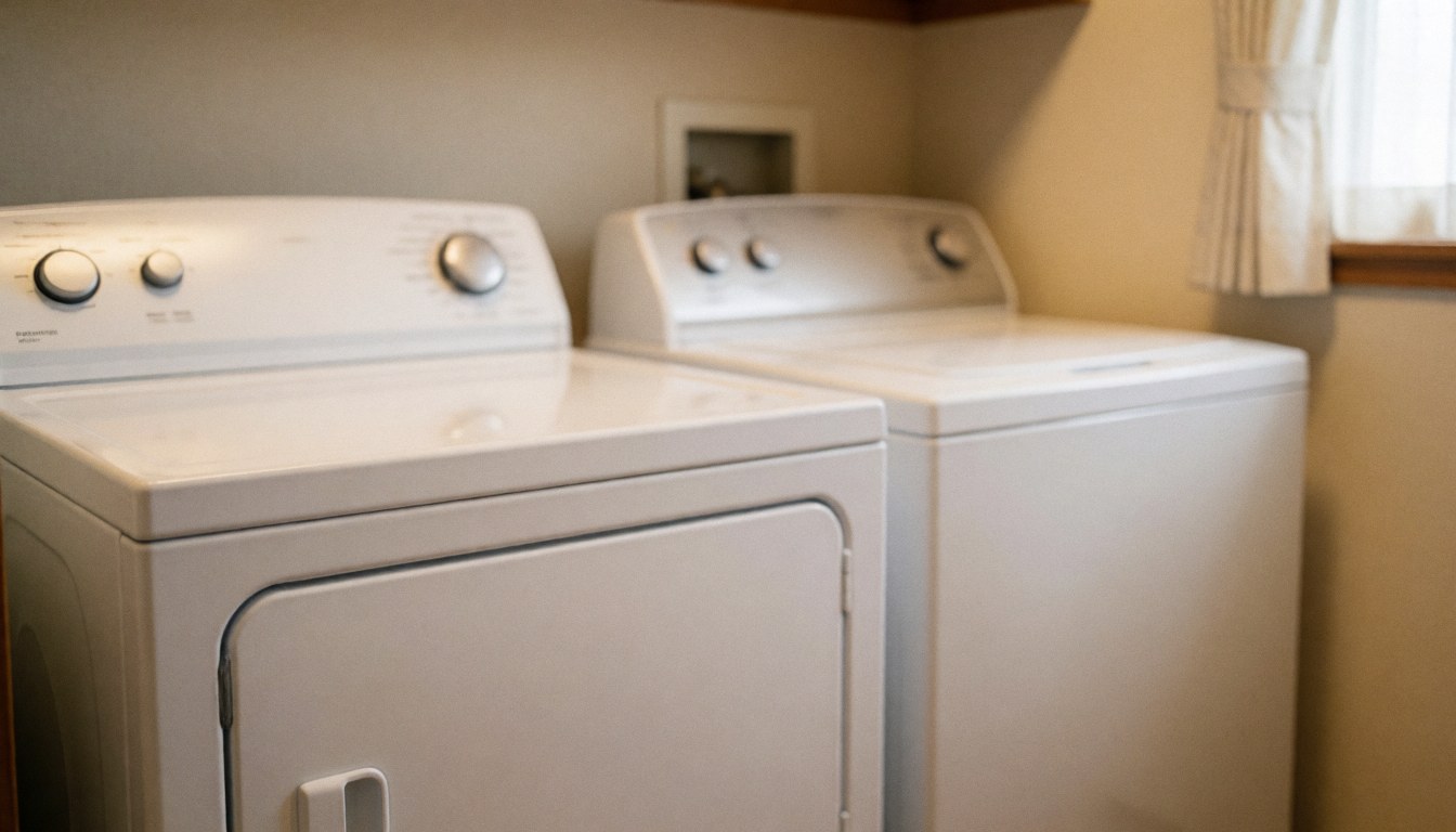 White washer and dryer in a laundry room with beige walls and a window with curtains, warm lighting and a domestic atmosphere ideal for text.