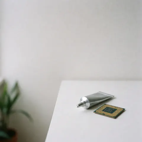 Silver thermal paste tube and a processor chip on a white surface, ideal for computer and TV repair products.
