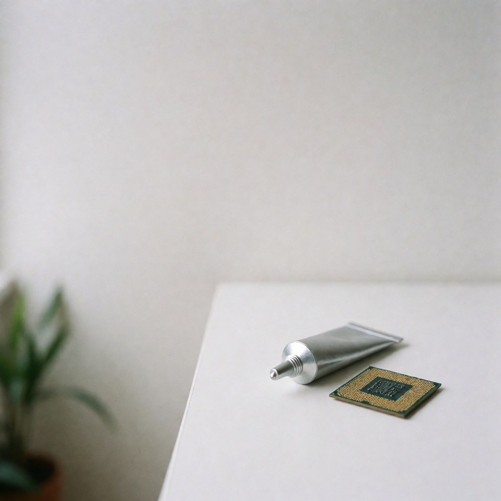 Silver thermal paste tube and a processor chip on a white surface, ideal for computer and TV repair products.