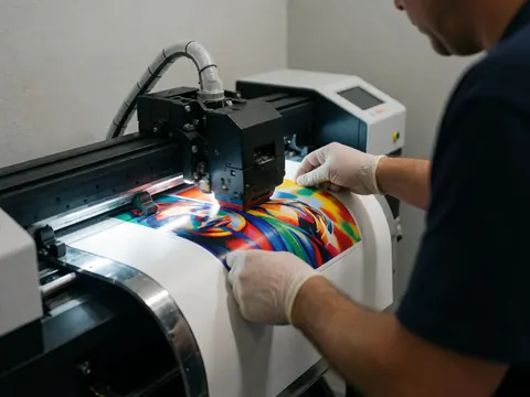 Technician with gloves guides a vinyl printer depositing vivid colors on white material in a professional setting with gray walls.