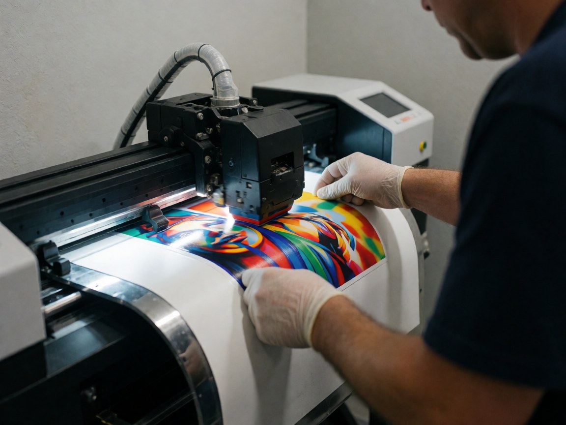 Technician with gloves guides a vinyl printer depositing vivid colors on white material in a professional setting with gray walls.