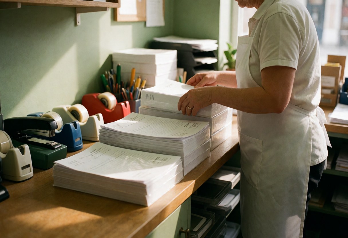 Seller arranging A4 paper reams on a wooden counter with staplers and tape dispensers nearby in a stationery shop.