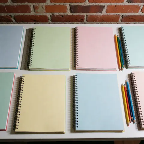 Pastel spiral notebooks, colored pencils, and ruler on a white table with a red brick wall background, bright lighting, ideal for stationery product catalogs