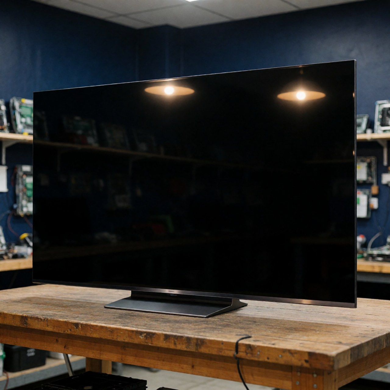 Large QLED television resting on a wooden workbench in a repair workshop with spare parts on shelves and warm lighting against a dark blue wall