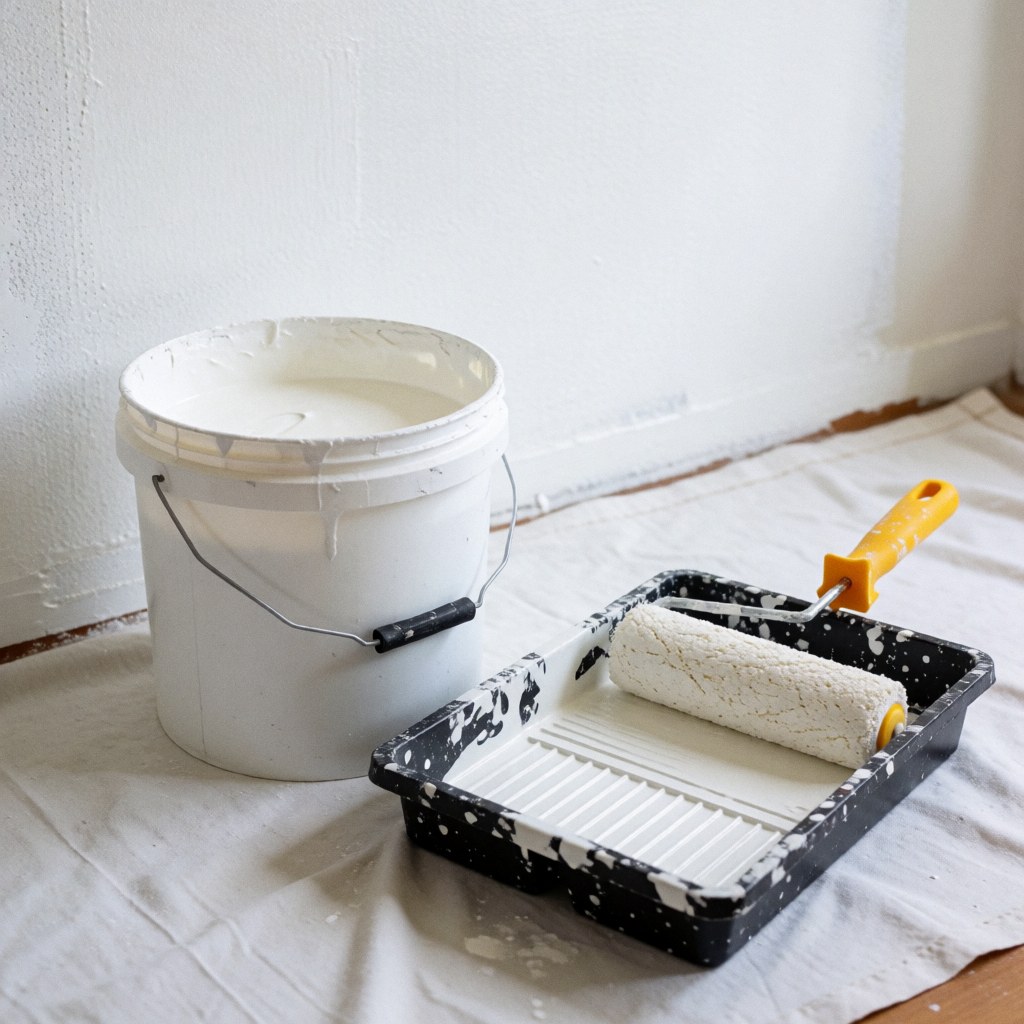 White paint bucket and roller in a tray on white cloth ready for painting walls