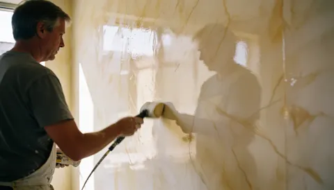 A painter applies Venetian stucco to a wall, creating a glossy marble finish using specialized tools in a bright interior setting.