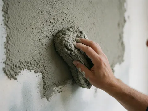 Close-up of a hand using a sponge to apply gray stucco to a wall, highlighting the organic texture and natural light details of the manual work.