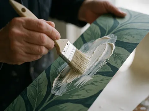 Close-up of a hand using a brush to apply white adhesive onto green wallpaper with leaf patterns, blurred background, preparation detail for hanging.
