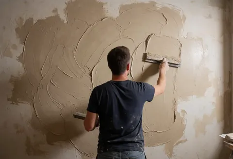 A professional applies beige stucco to a wall using a trowel, creating an artistic textured pattern in a construction setting.