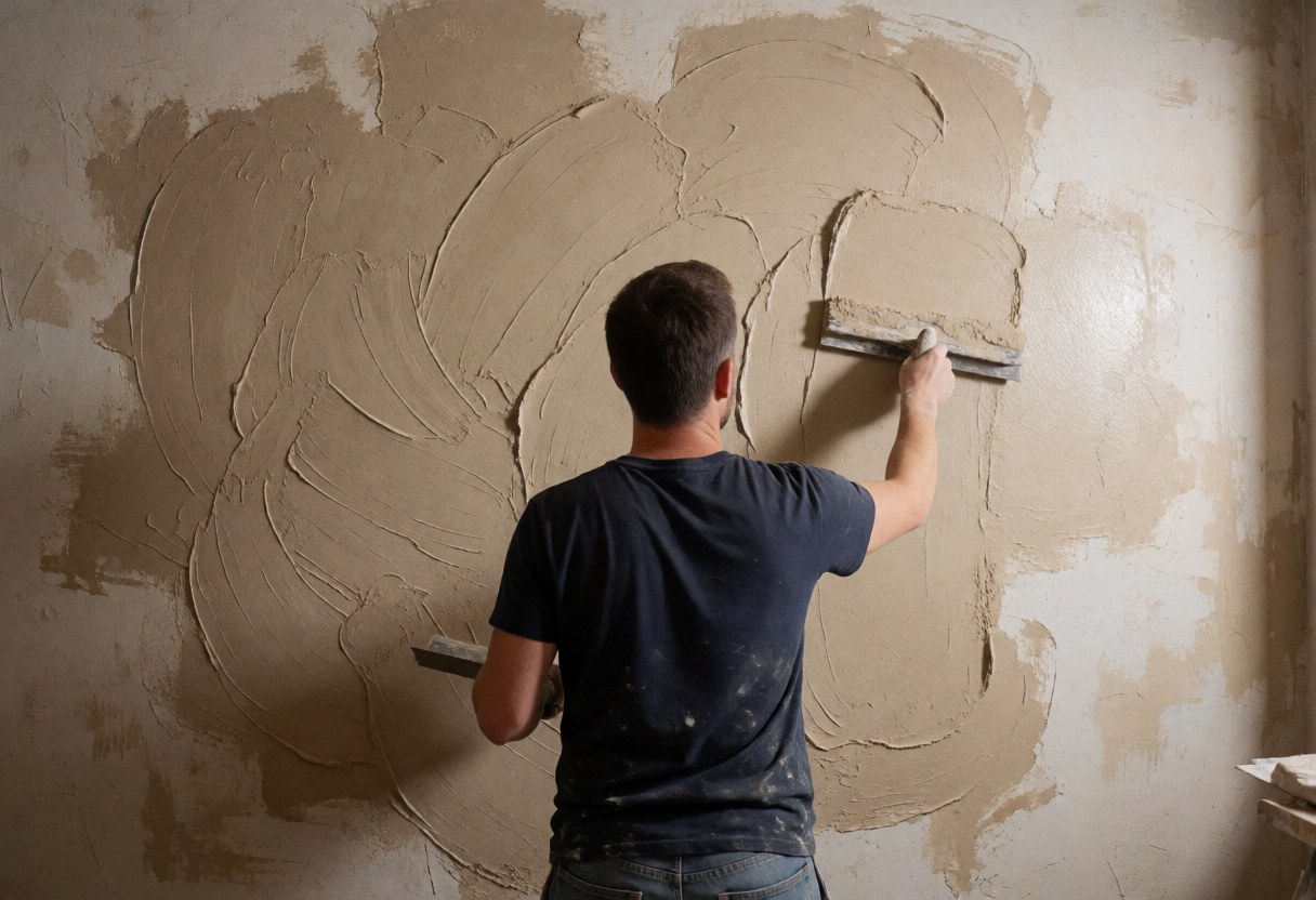 A professional applies beige stucco to a wall using a trowel, creating an artistic textured pattern in a construction setting.