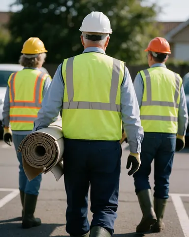 Three technicians wearing helmets and safety vests carry a rolled awning toward a job site in a parking lot.