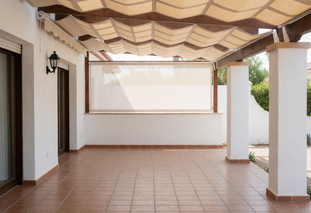 Wooden and beige fabric awning shading a tiled patio with white walls and natural light