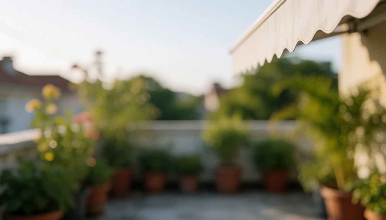 White awning over a terrace with blurred potted plants and warm sunset light, serving as a text background for commercial use.