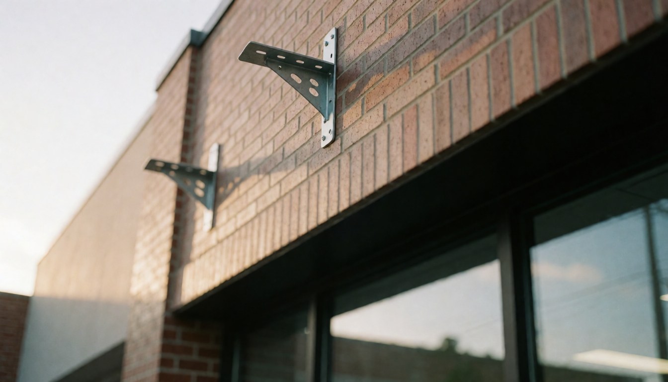 Metal support brackets for awnings installed on a brick building facade with warm lighting and a blurred background suitable for text overlay