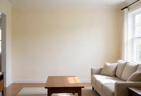 Cream decorative stucco wall in a modern living room with beige sofa and wooden table near a window with natural light