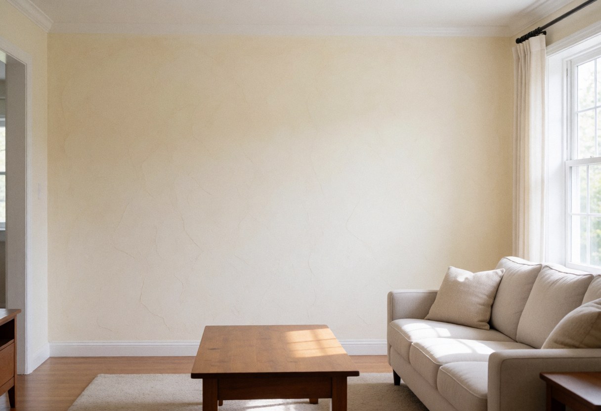 Cream decorative stucco wall in a modern living room with beige sofa and wooden table near a window with natural light