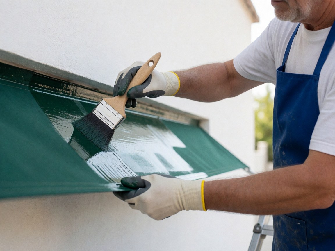 Worker applying protective coating to a green awning with a brush outdoors against a white wall