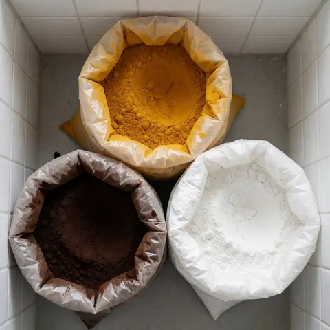 Top view of three open bags containing yellow, brown, and white pigment powders on a white tiled floor for decorative painting projects.